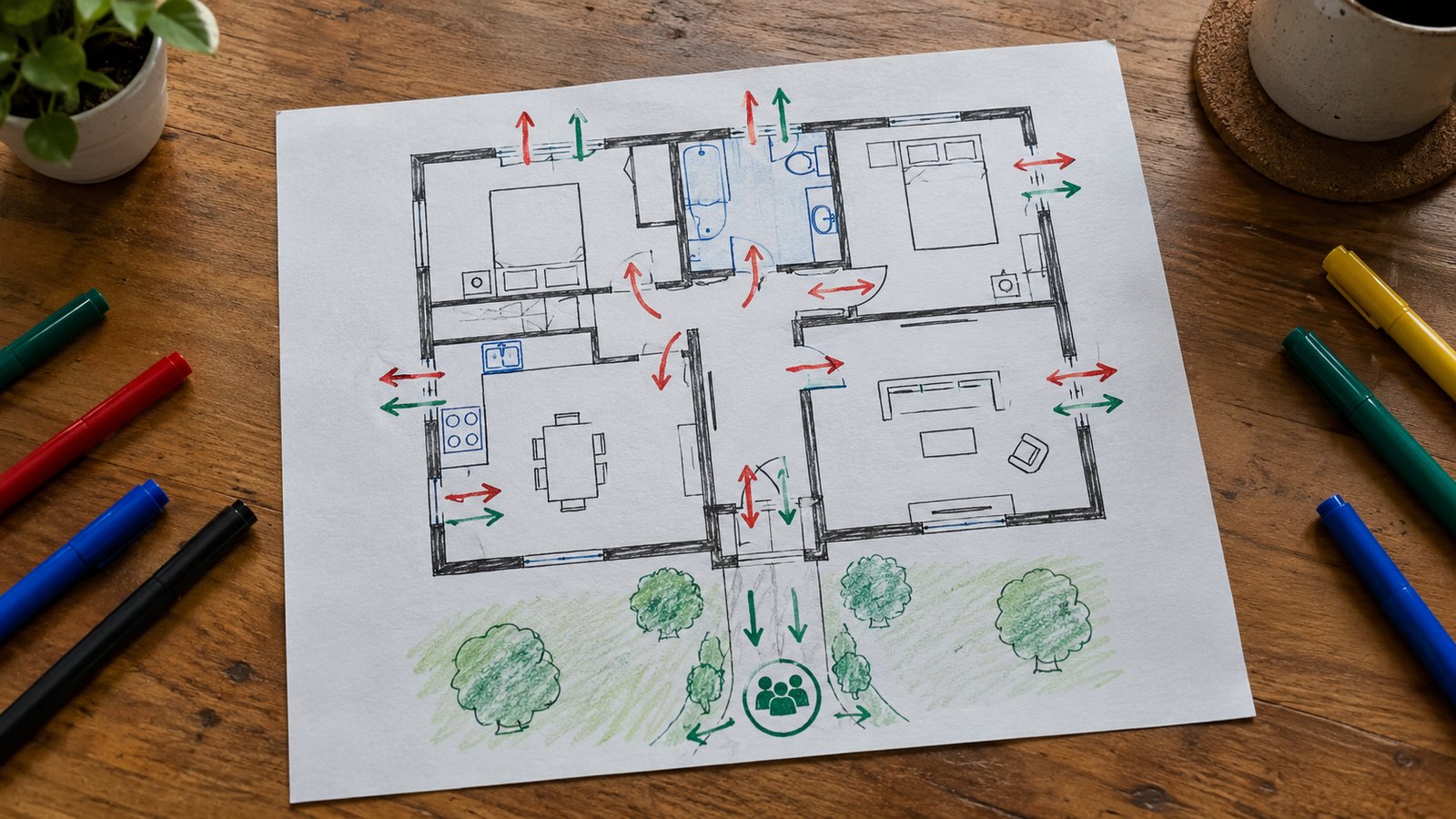 A hand-drawn home floor plan with arrows marking two exits from each room and a meeting spot, on a dining table with colored pens - Build a Home Escape Plan