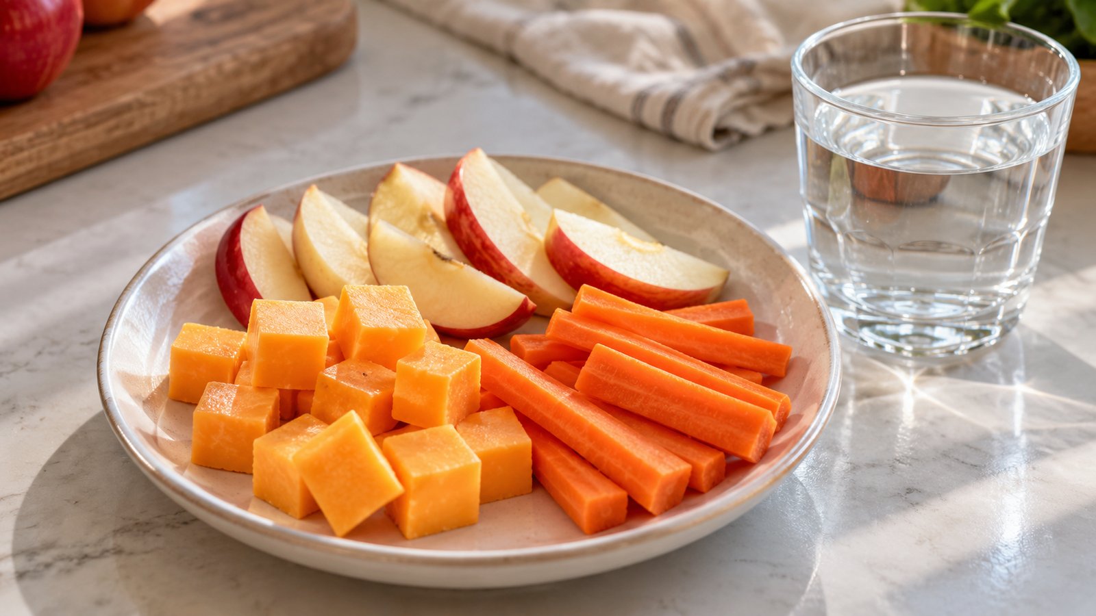 Cheese cubes, apple slices, carrot sticks and a glass of water arranged on a plate - School-Age Kids: Sealants, Sports and Independence
