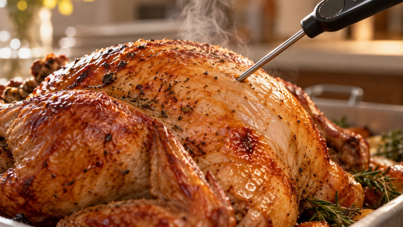 An instant-read thermometer in the thickest part of a roasted turkey breast, steam rising - Cooking and Checking the Temperature