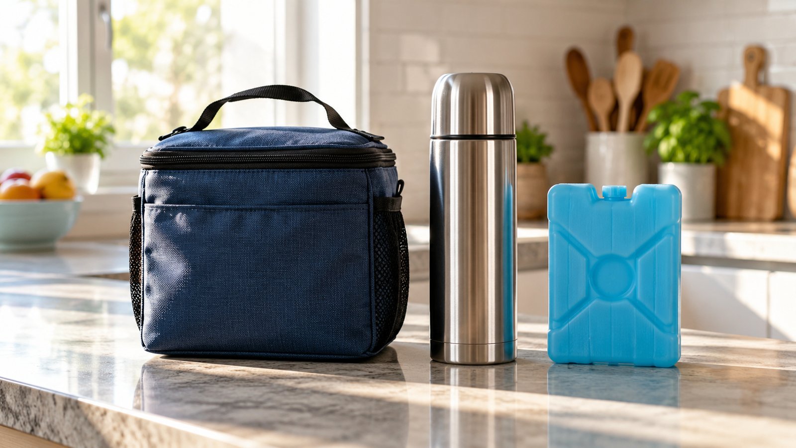 An insulated lunch bag, a thermos and an ice pack lined up on a kitchen counter in morning light - Choosing the Right Lunch Gear