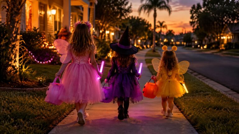 Children in costumes holding glow sticks and treat bags walking along a sidewalk at dusk, seen from behind, no faces - Halloween Safety Tips for Kids: Costumes, Trick-or-Treating and Candy Checks