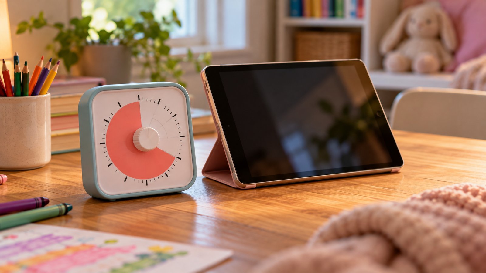 A kids' visual countdown timer sitting next to a tablet on a wooden desk - Screens and Sleep