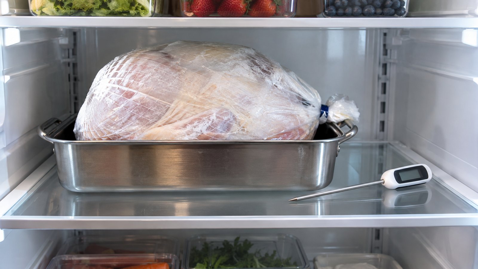 A clear refrigerator shelf with a roasting pan holding a wrapped frozen turkey, thermometer on the shelf - Buy the Right Size and Plan Your Space