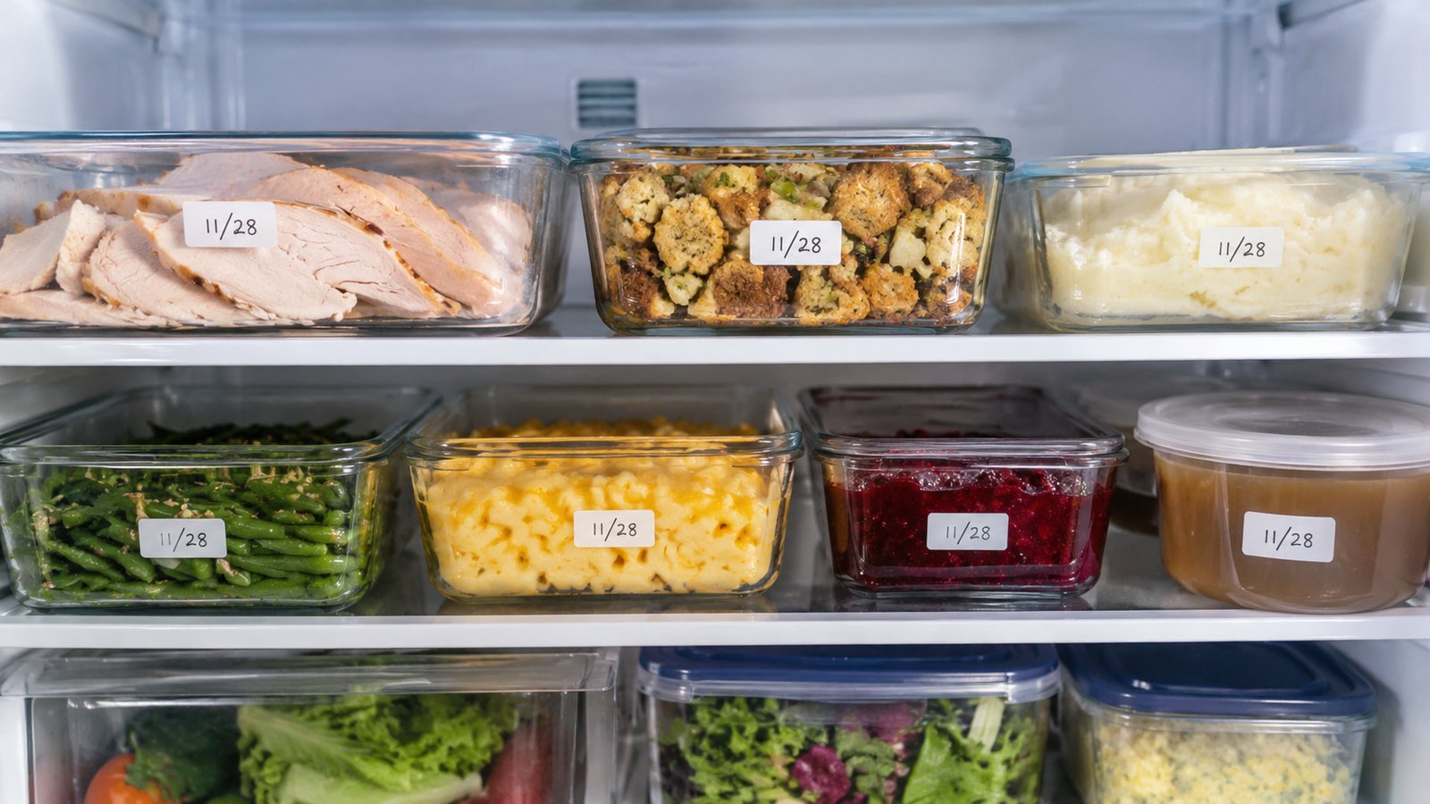 Shallow containers of sliced turkey and sides labeled with dates inside a refrigerator - Leftovers: Store Them Fast and Reheat Them Right