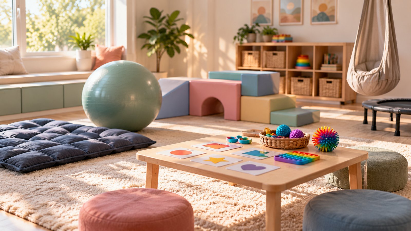 Bright therapy room with foam blocks, a balance ball and sensory toys