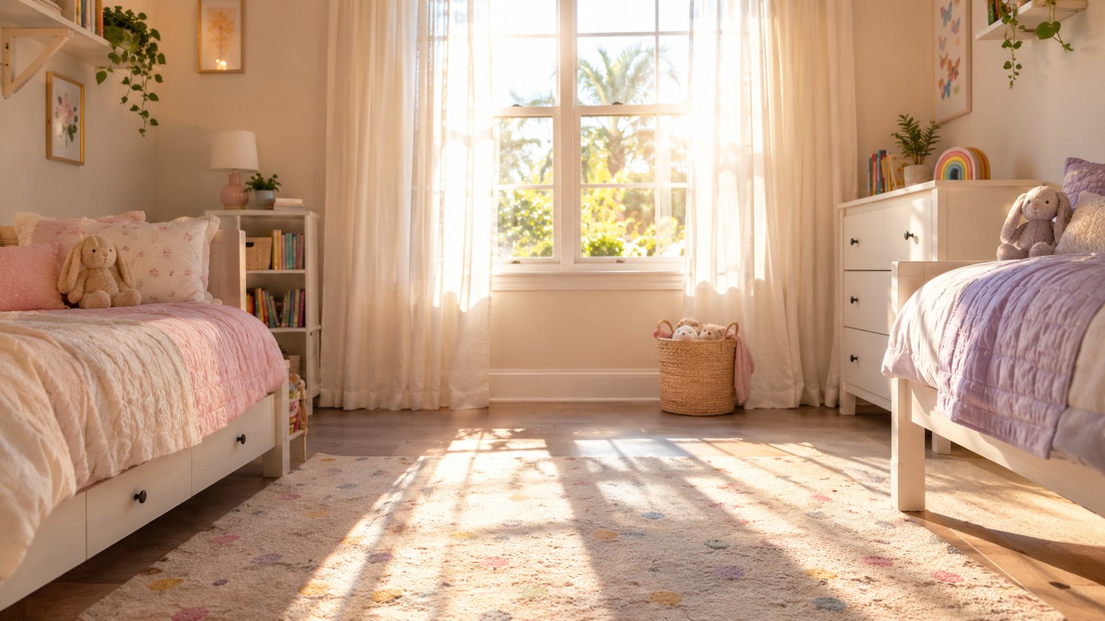Morning sunlight streaming through open curtains into a tidy kids' bedroom - Use Light to Reset the Body Clock