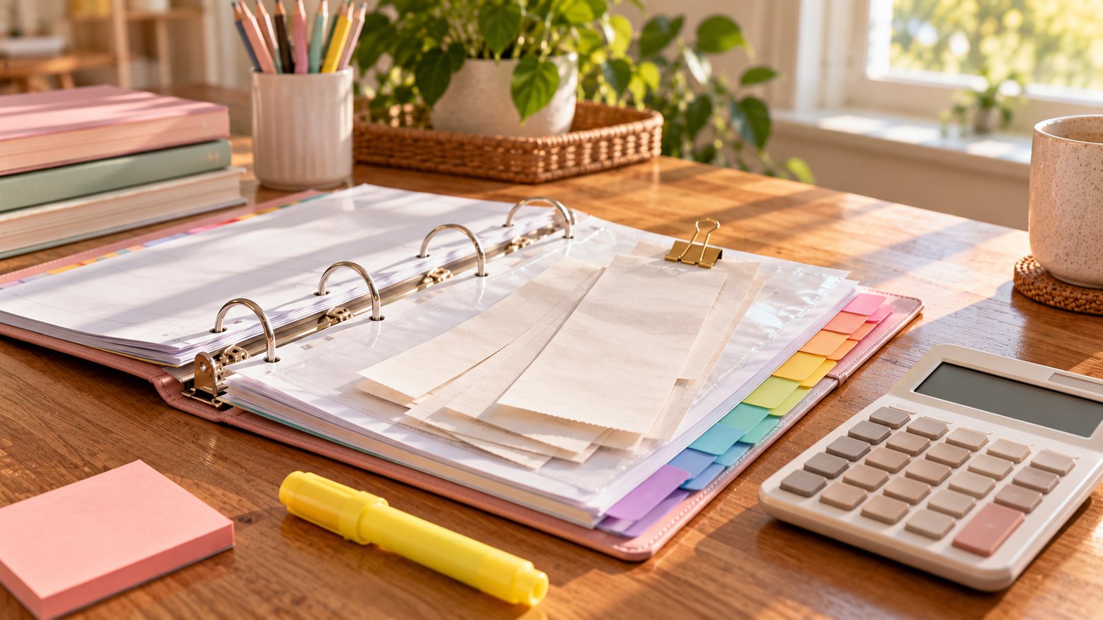 Open binder with tab dividers and clipped receipts beside a calculator and highlighter
