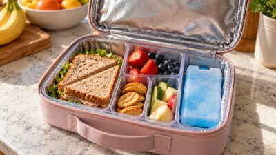 An open insulated bento-style lunch box with sandwich, fruit, crackers and a frozen ice pack on a kitchen counter - How to Pack a Safe School Lunch: Food Safety Tips From the USDA