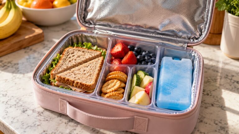 An open insulated bento-style lunch box with sandwich, fruit, crackers and a frozen ice pack on a kitchen counter - How to Pack a Safe School Lunch: Food Safety Tips From the USDA