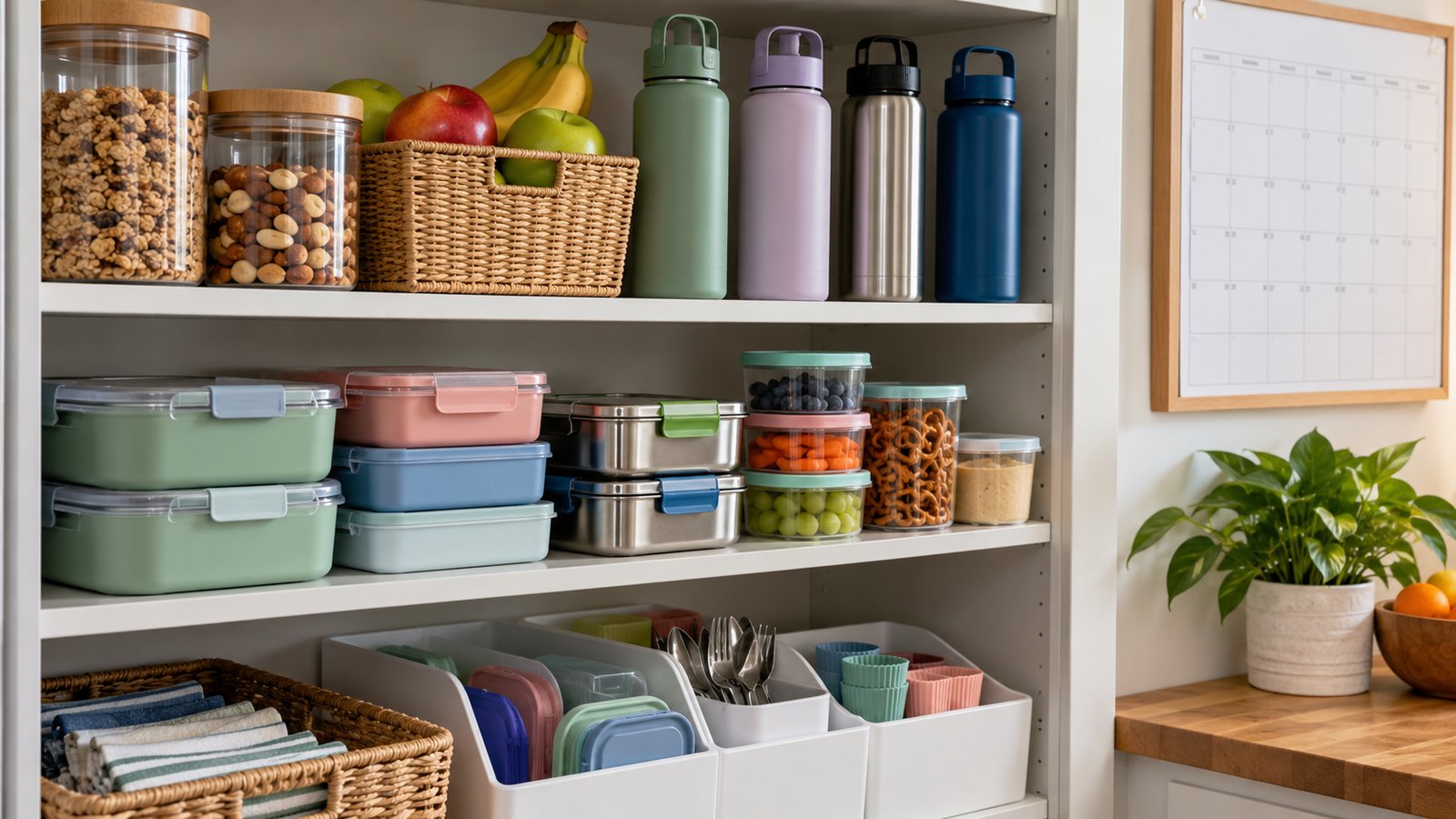 Neat pantry shelf with lunch box supplies, reusable water bottles and a calendar on the wall - Frequently Asked Questions