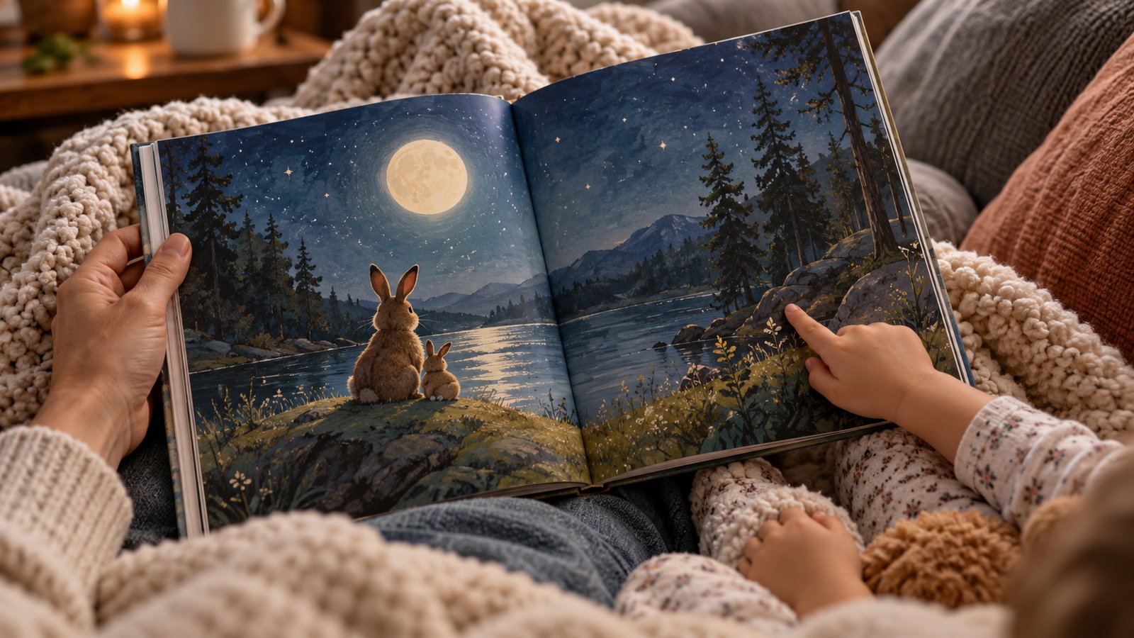 A parent and child's hands holding an open picture book on a sofa with a cozy blanket - Build a Family Media Plan in an Evening