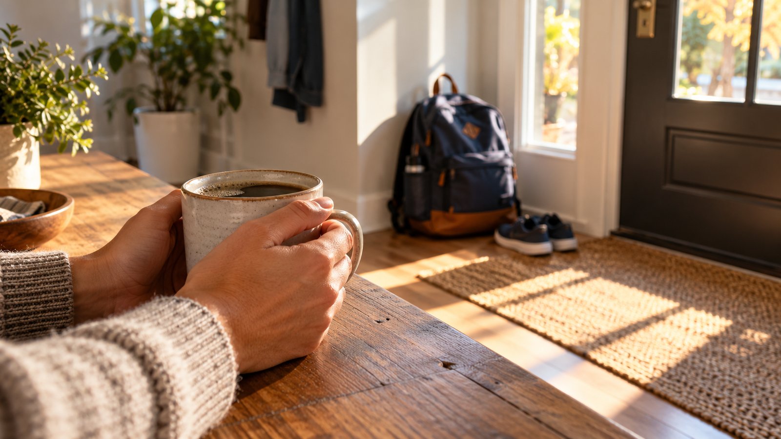 A parent's hands around a coffee mug with a school backpack waiting by the door in the morning light - Preventing the Next Round