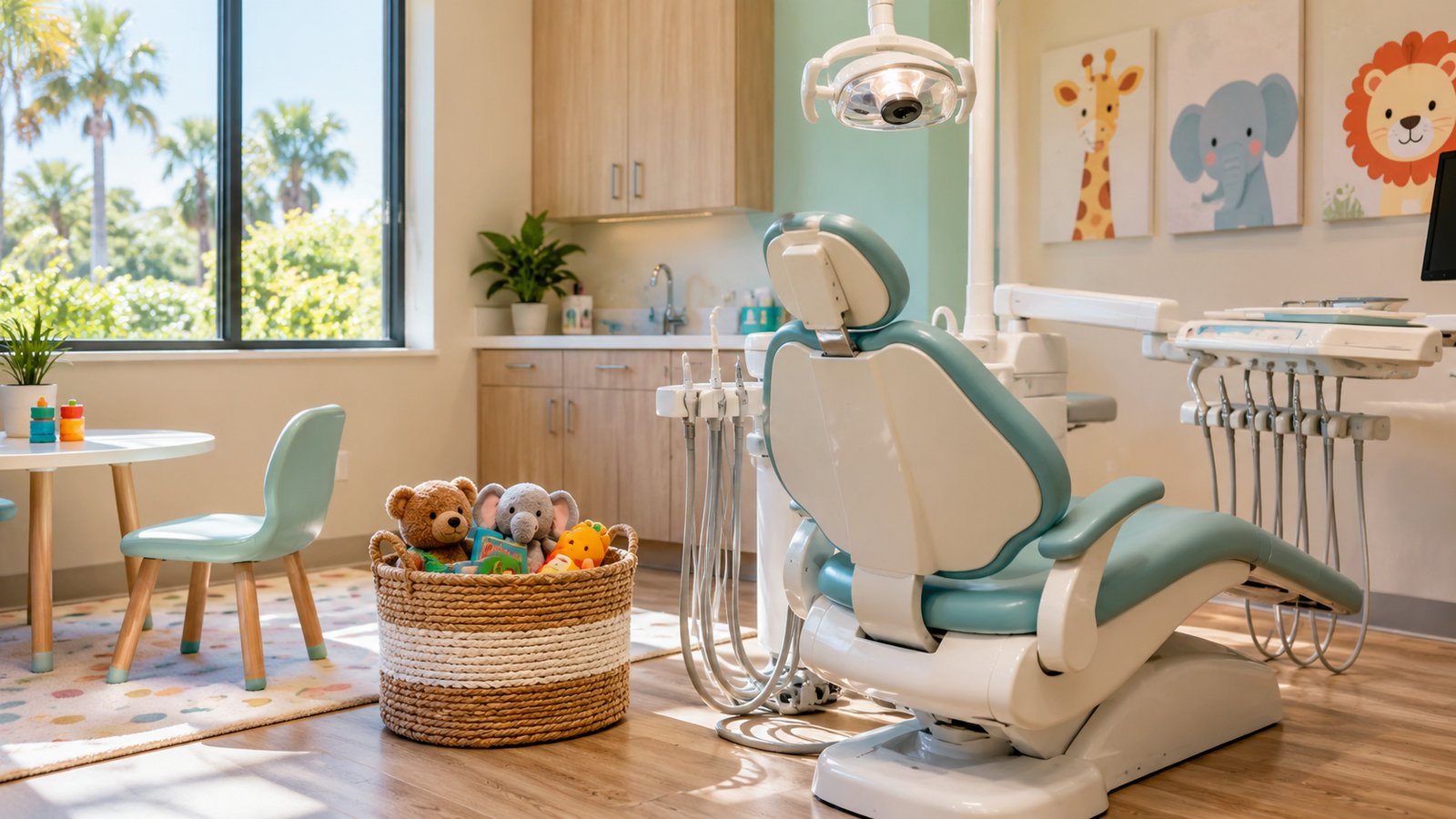 A bright pediatric dental office with a small chair and a basket of toys, no people - Toddlers and Preschoolers: Building the Habit