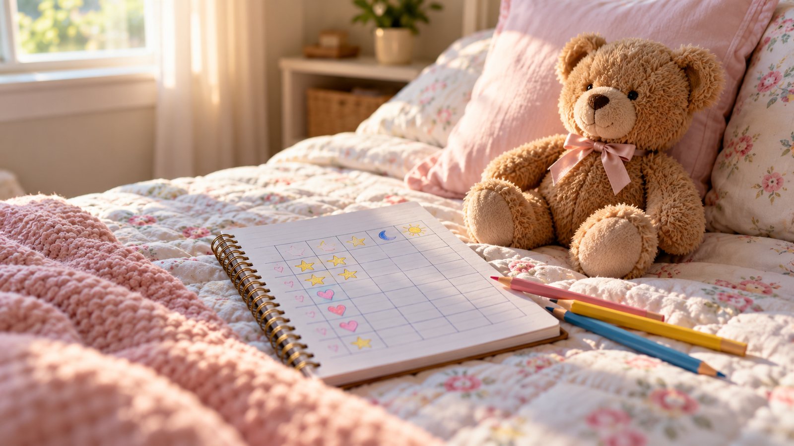 A notebook with a hand-drawn sleep chart beside a teddy bear on a neatly made child's bed, morning window light - Where the Sleep Recommendations Come From