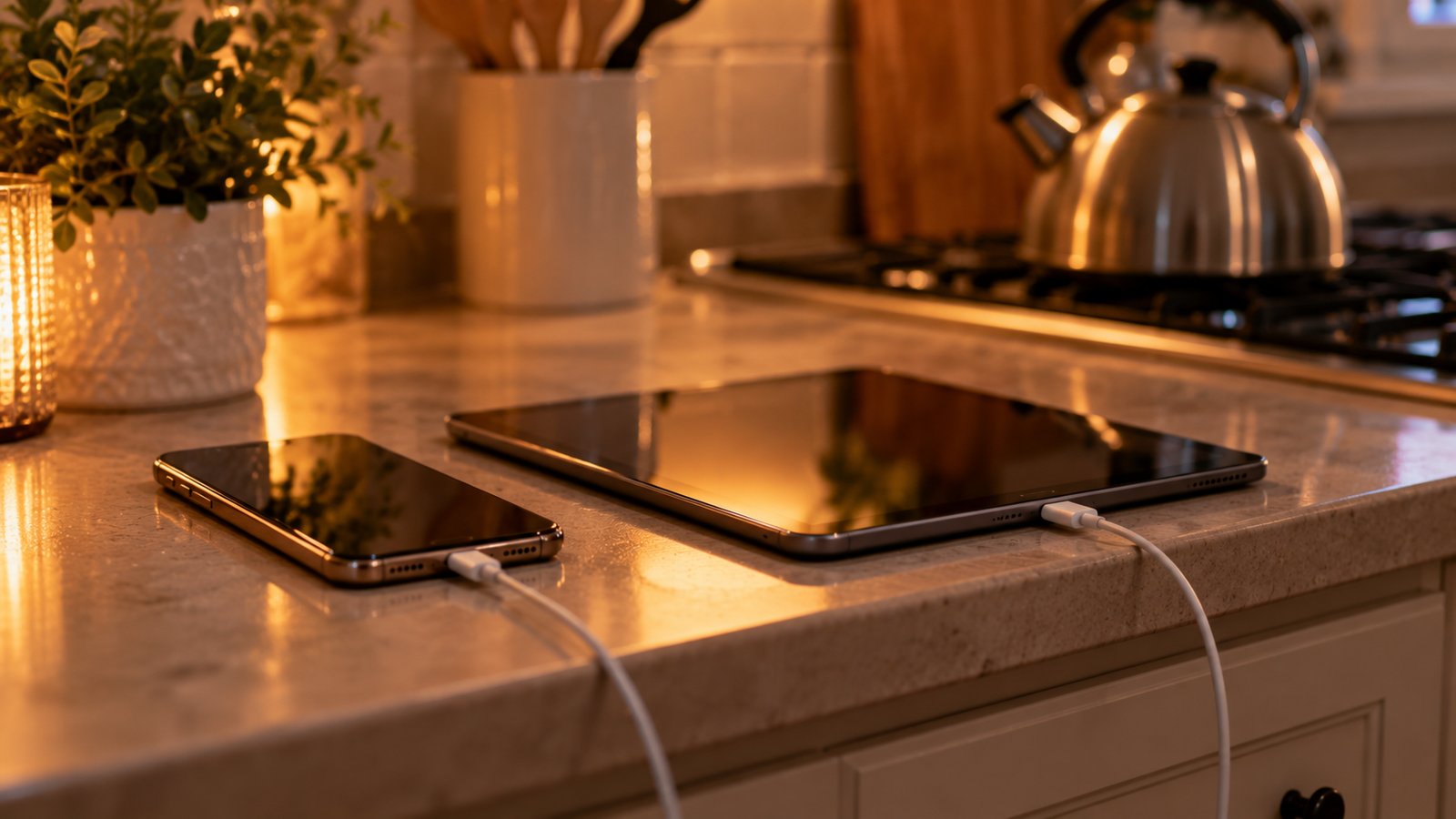 A smartphone and tablet charging on a kitchen counter in the evening light, a kettle in the background - Screens, Food and Activity Before Bed