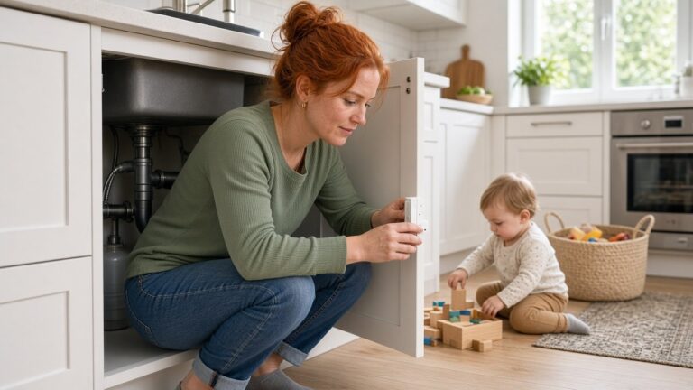 Mom installing a child safety latch on a cabinet under the kitchen sink