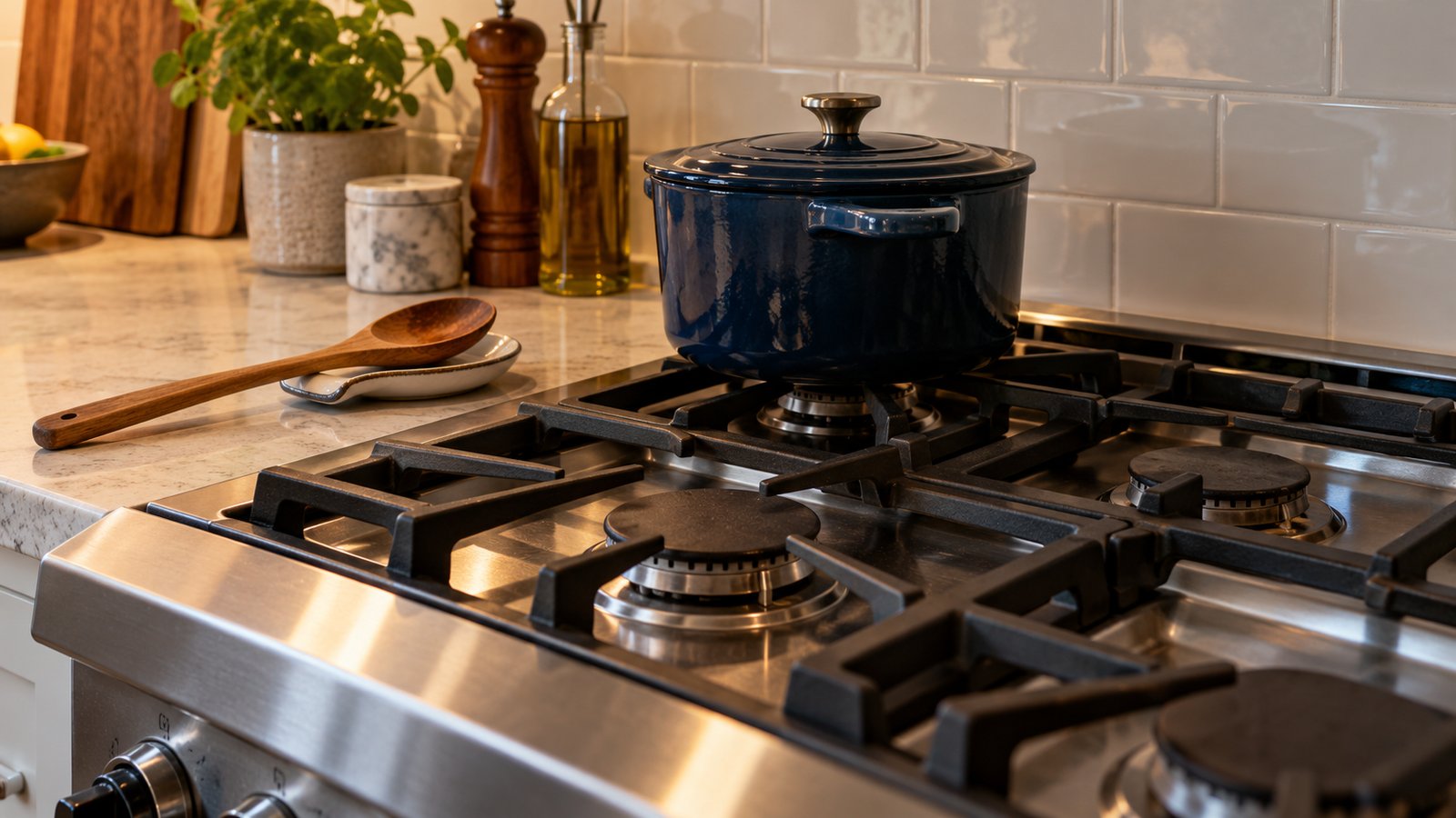A stovetop with a pot on the back burner with its handle turned inward, wooden spoon on a rest, no people - Kitchen Safety: The Leading Cause of Home Fires