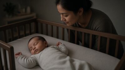 Baby sleeping on its back in a bare crib in a sleep sack while mom watches