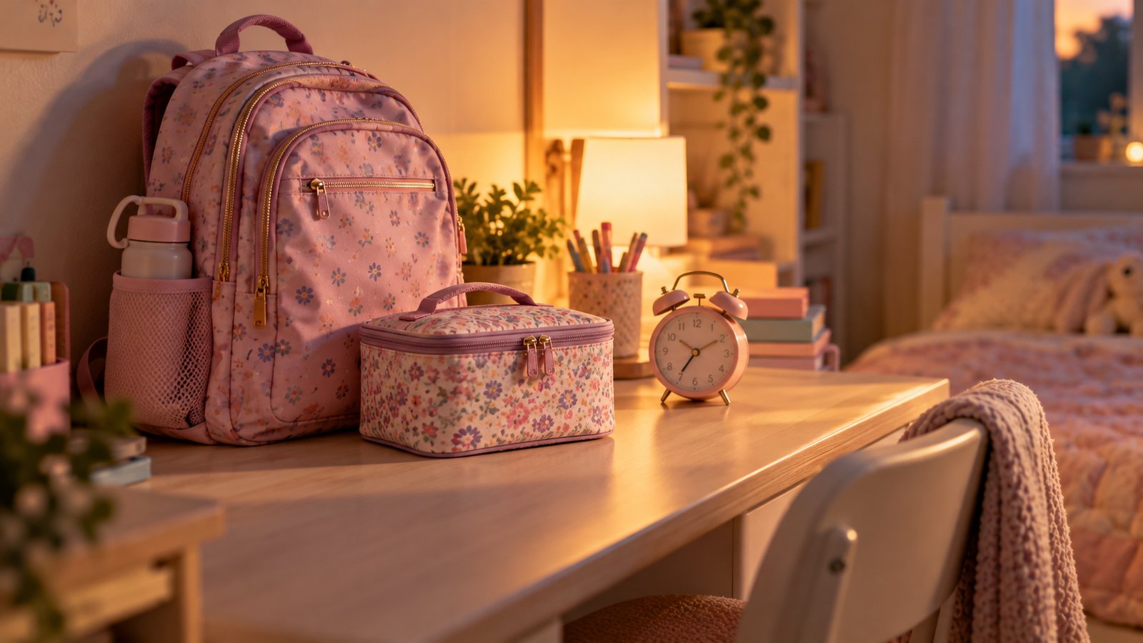 A school backpack, a lunch box and a small alarm clock on a child's desk in warm evening light - Sleep Needs for School-Age Kids and Teens
