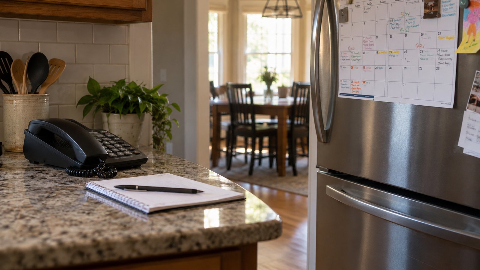 A school calendar on the fridge and a phone on the counter with a notepad for the attendance line - Warning Signs That Need a Doctor Right Away