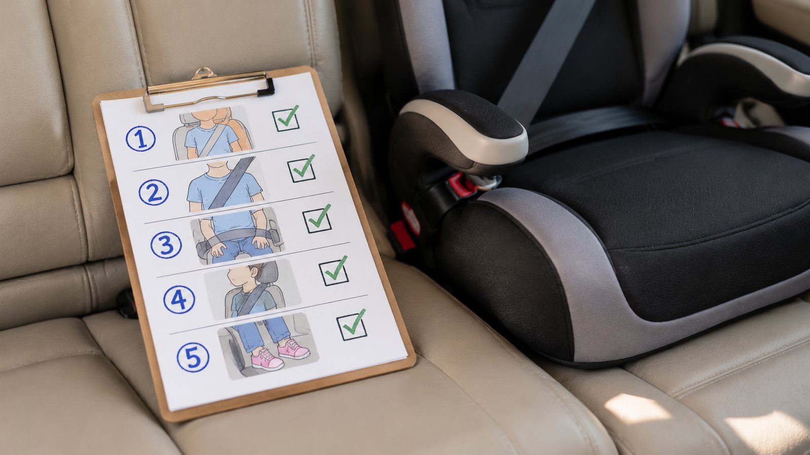 A clipboard with a five-step seat belt fit checklist resting on a car back seat - Stage Four: The Seat Belt Fit Test