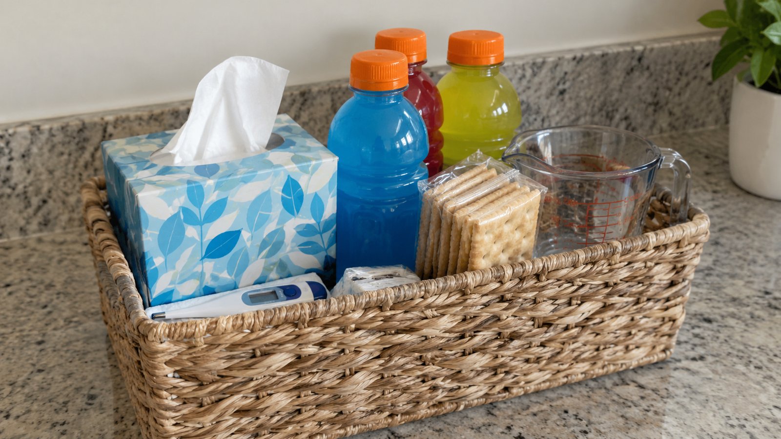 A basket holding tissues, a thermometer, electrolyte drinks, crackers and a measuring cup on a counter - Sick Child, Tired Parent