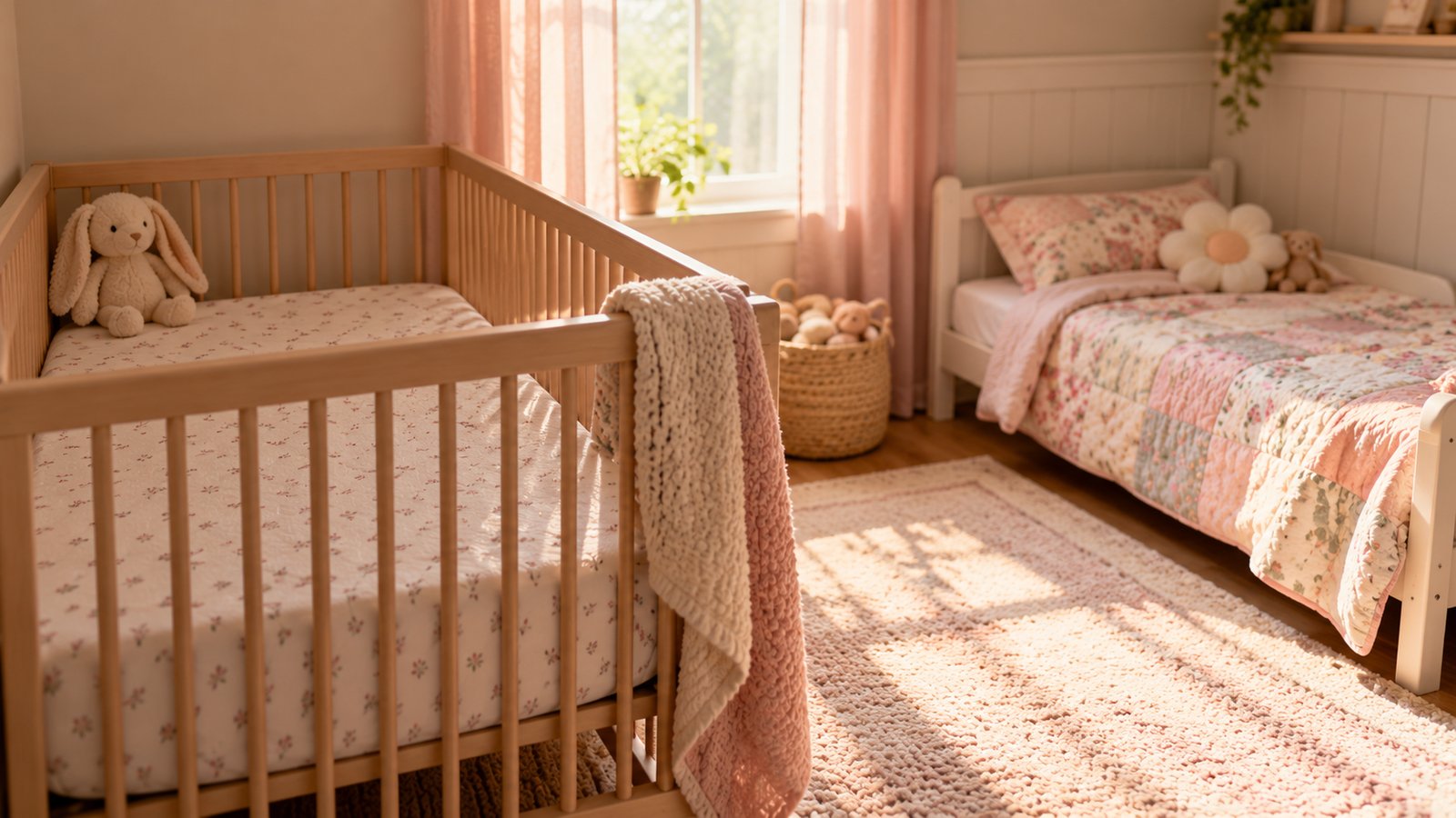 A baby crib with a firm flat mattress and a fitted sheet, a toddler bed with a soft quilt in the next corner of a calm nursery - Sleep Needs From Infants to Preschoolers