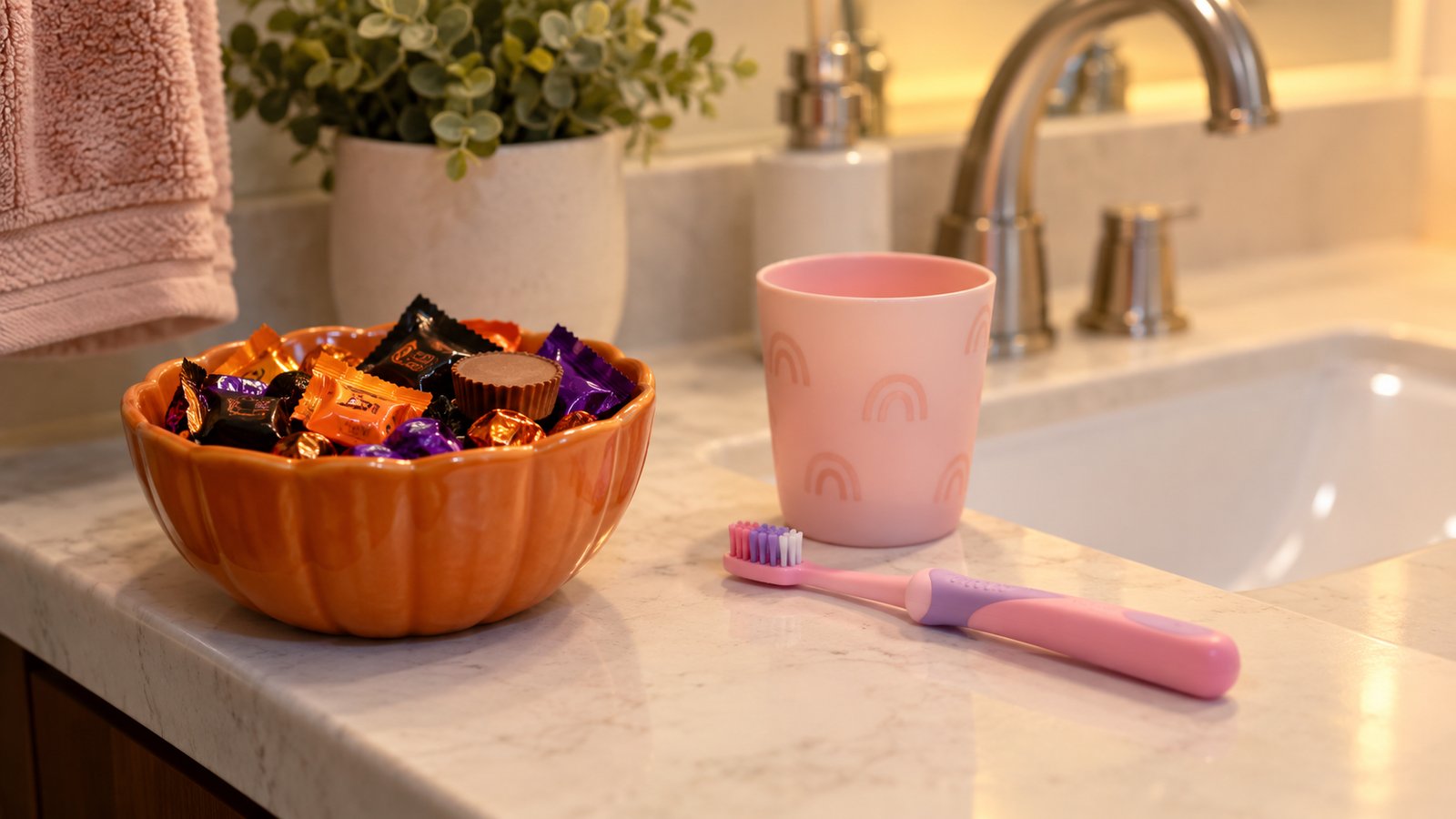A small bowl of Halloween candy next to a kid's toothbrush and cup on a bathroom counter - Managing the Sugar