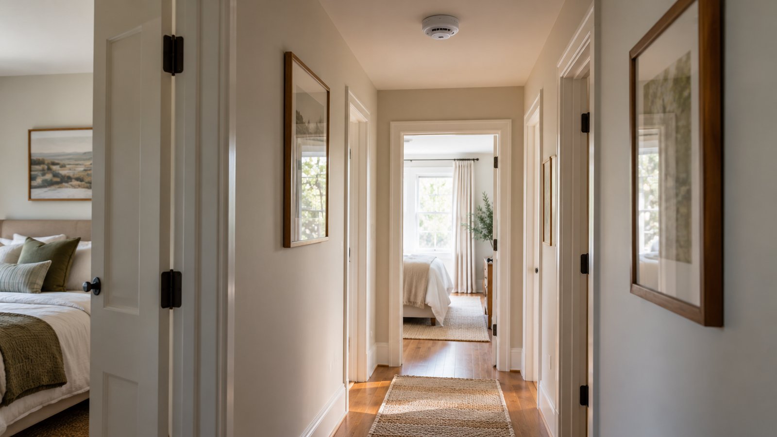 A home hallway outside bedroom doors with a smoke alarm on the ceiling, soft daylight - Where to Put Smoke Alarms