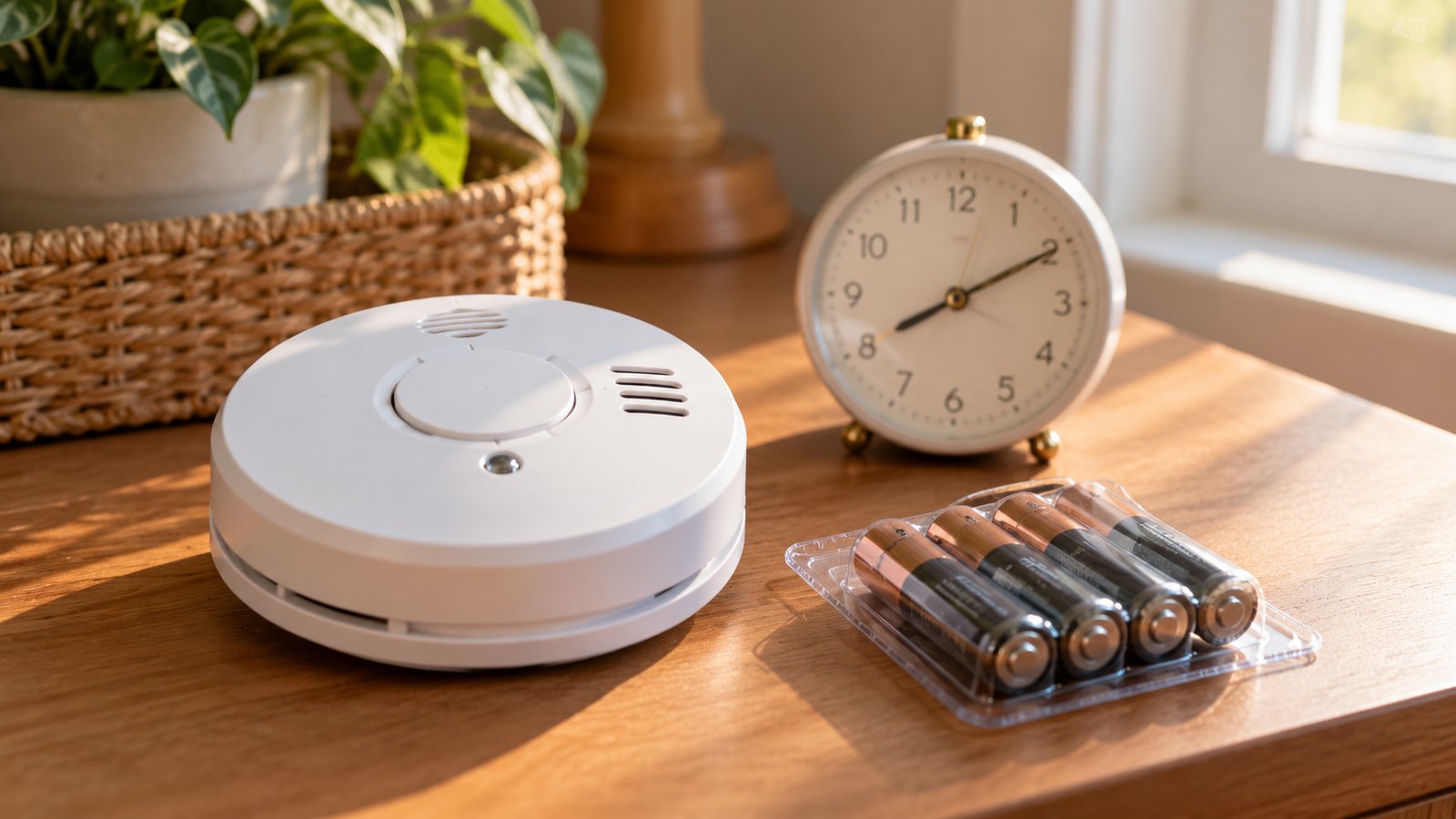 A smoke alarm, a pack of batteries and a small clock on a table - The Fall-Back Safety Checklist