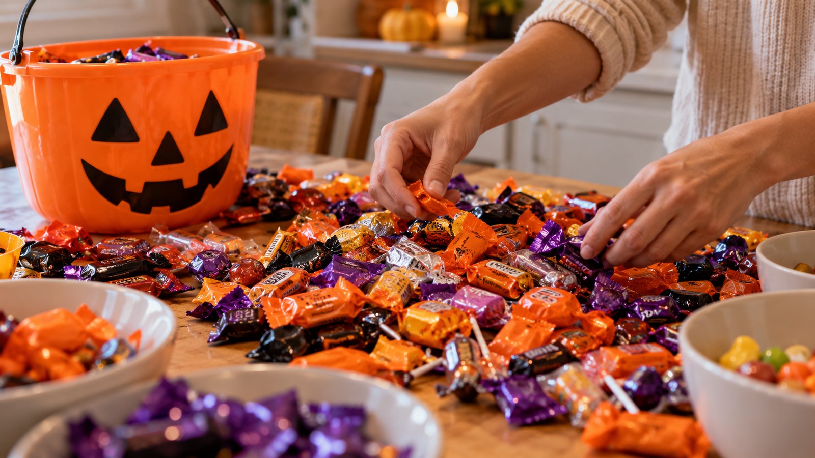 Hands sorting Halloween candy on a kitchen table, wrappers in orange and purple, a treat bucket - Check the Candy Before Anyone Eats It