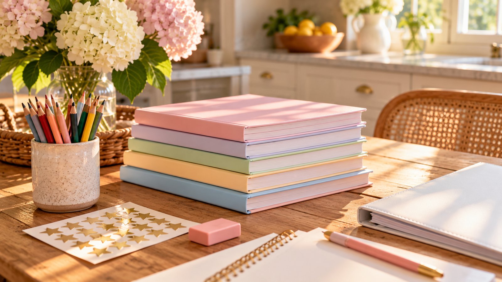 Stack of completed workbooks, pencils and a closed test booklet on a kitchen table