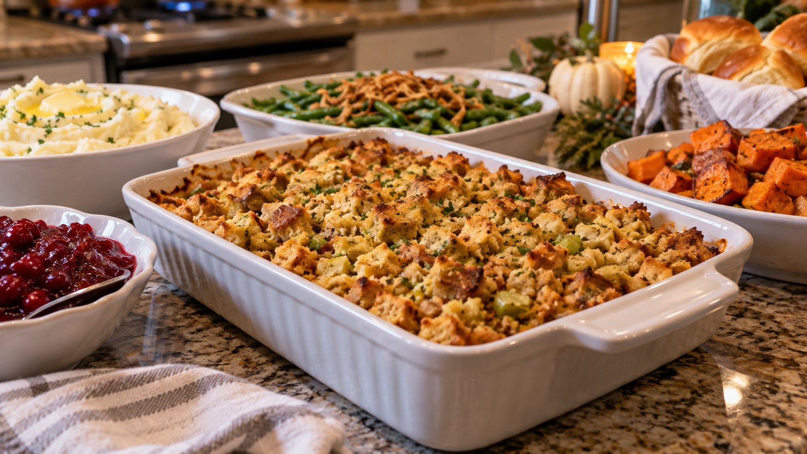 A casserole dish of stuffing with other holiday side dishes on a kitchen counter - Stuffing and Side Dishes