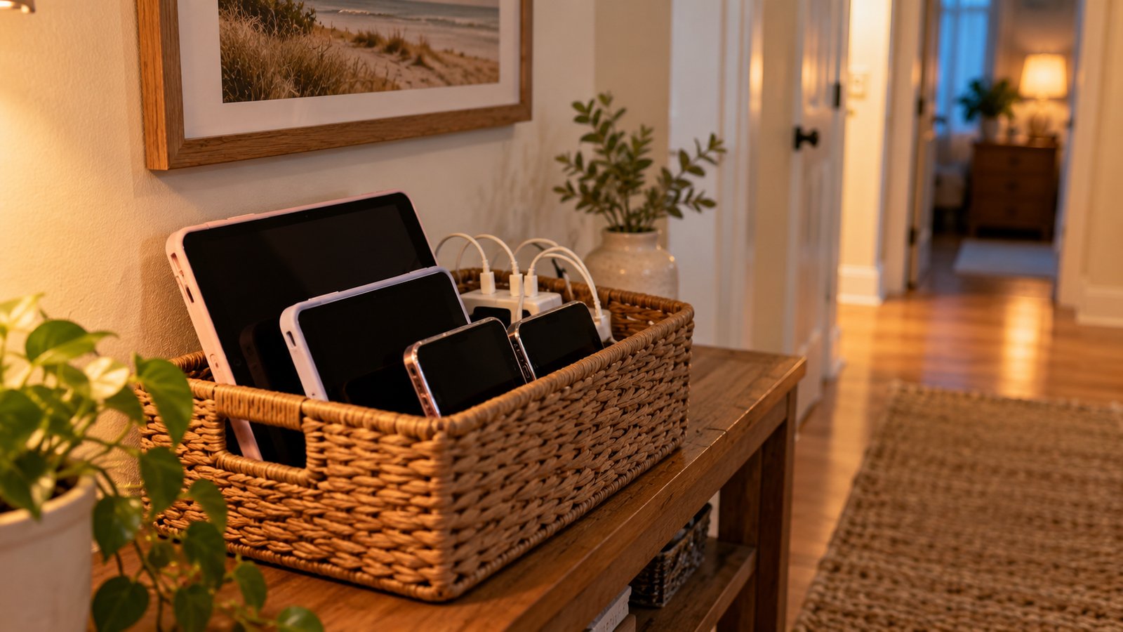 A basket on a hallway shelf holding tablets and phones charging overnight, a framed picture on the wall - Screen Time Is Not All the Same: Video Calls, School and Creative Use