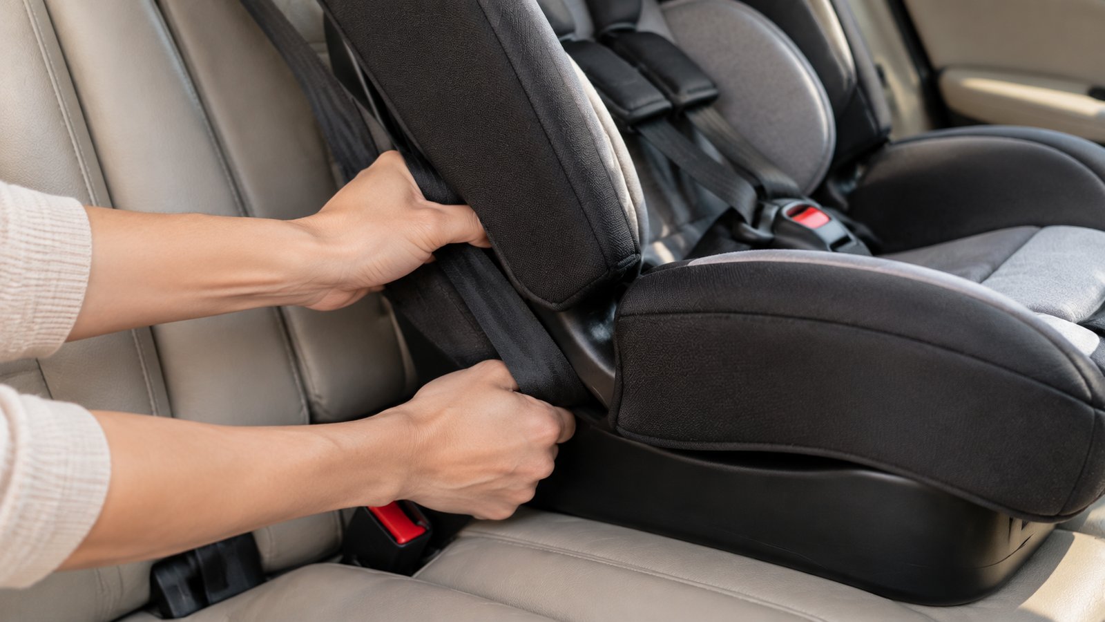 A pair of hands pulling on a car seat at the belt path to test tightness, no faces - Installation and Fit Mistakes to Avoid