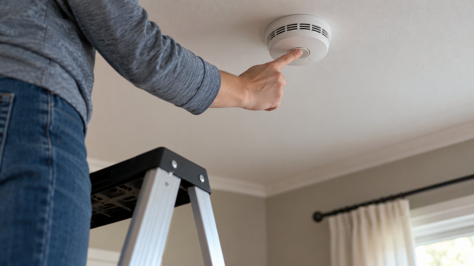 A hand pressing the test button of a smoke alarm on a ceiling while standing on a small step stool - Why Working Smoke Alarms Matter So Much