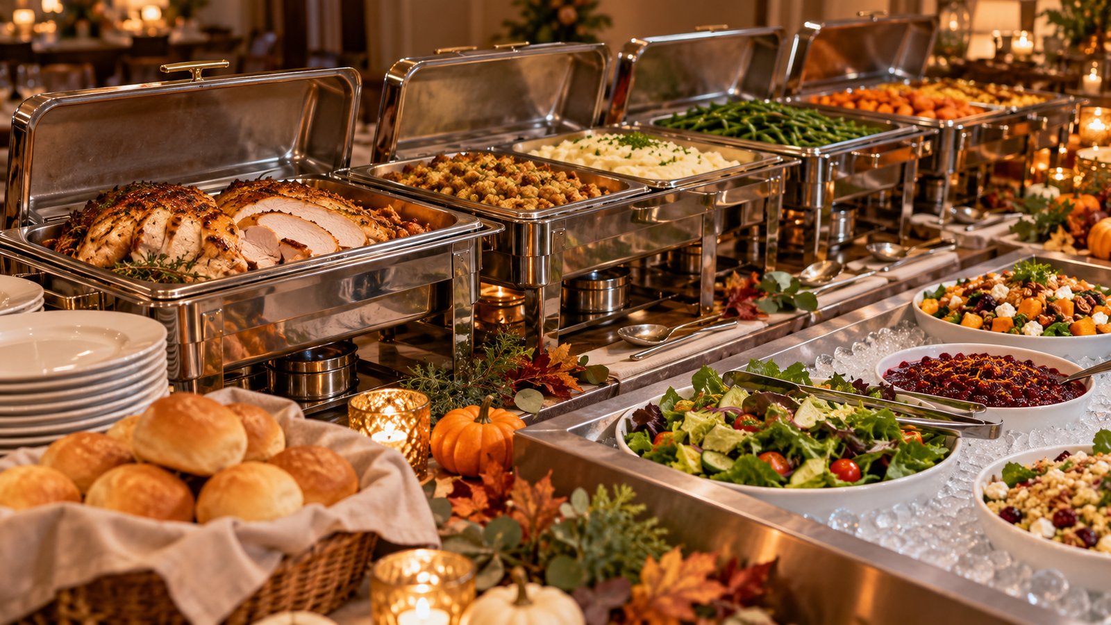 A Thanksgiving buffet with chafing dishes keeping food hot and salads on ice, no people - Serving Safely: The Two-Hour Rule
