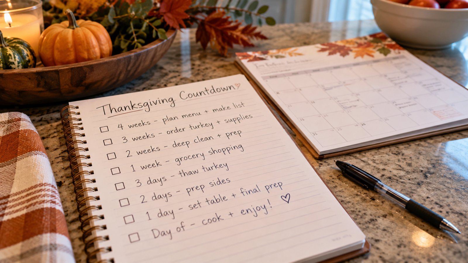 A handwritten Thanksgiving countdown checklist on a kitchen counter with a pen and a calendar - A Simple Thanksgiving Countdown