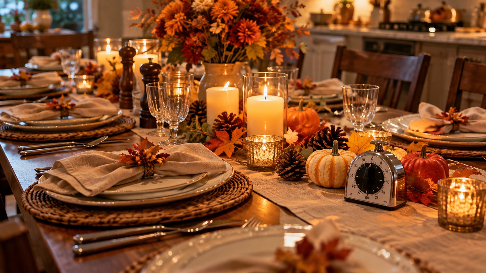 A set Thanksgiving table with autumn decor, candles and a kitchen timer, no people - Frequently Asked Questions