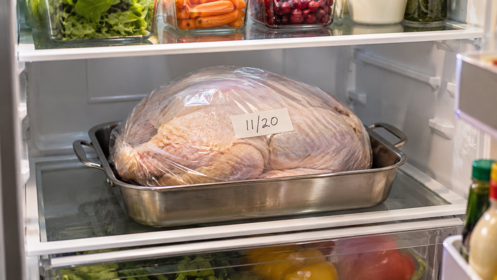 A wrapped turkey on a tray on the bottom shelf of a refrigerator with a date label - Three Safe Ways to Thaw a Turkey