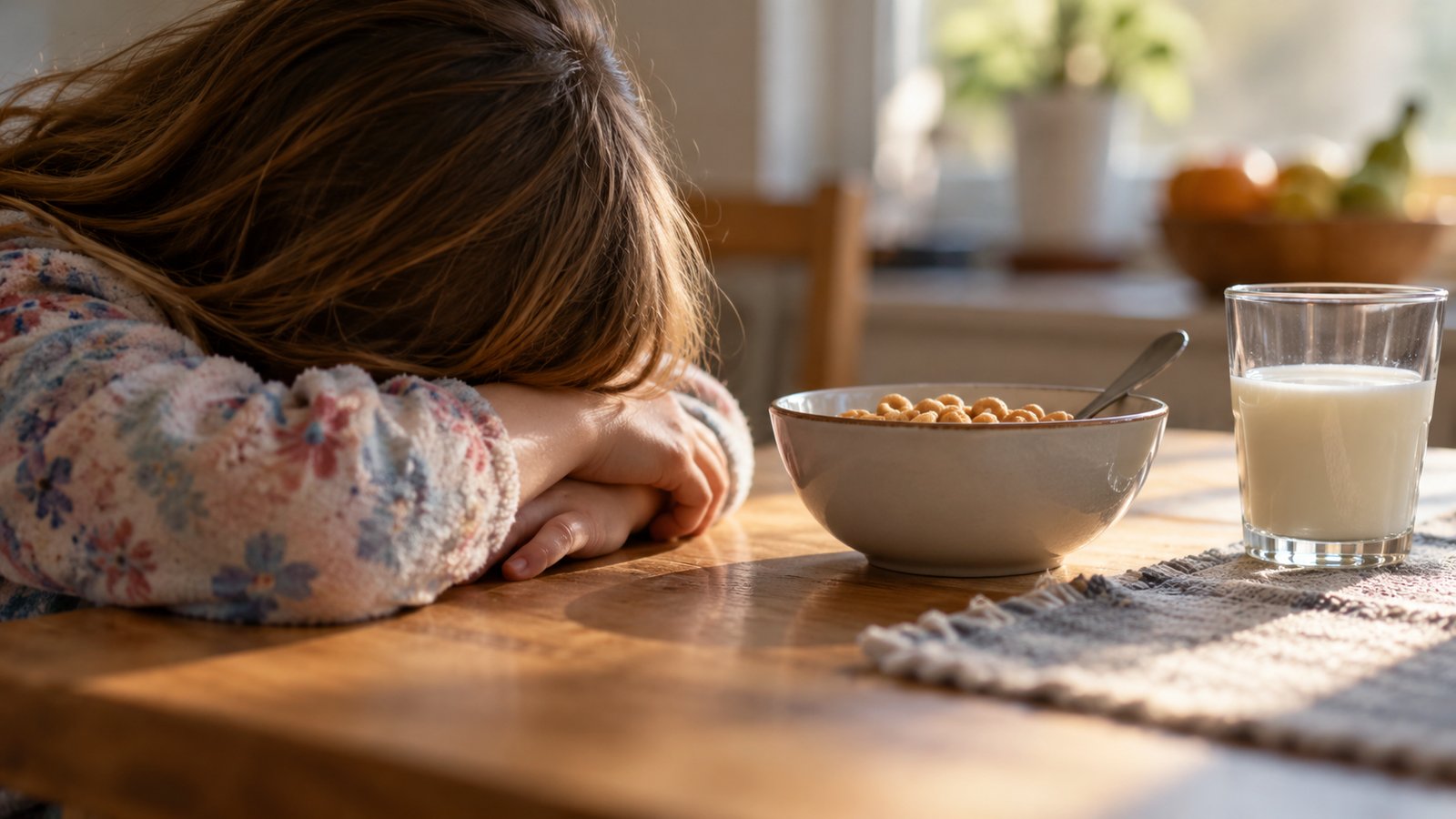 A child's hands resting on a breakfast table next to a bowl of cereal and a glass of milk, a sleepy slumped posture seen from the side with no face - Signs Your Child Is Not Getting Enough Sleep