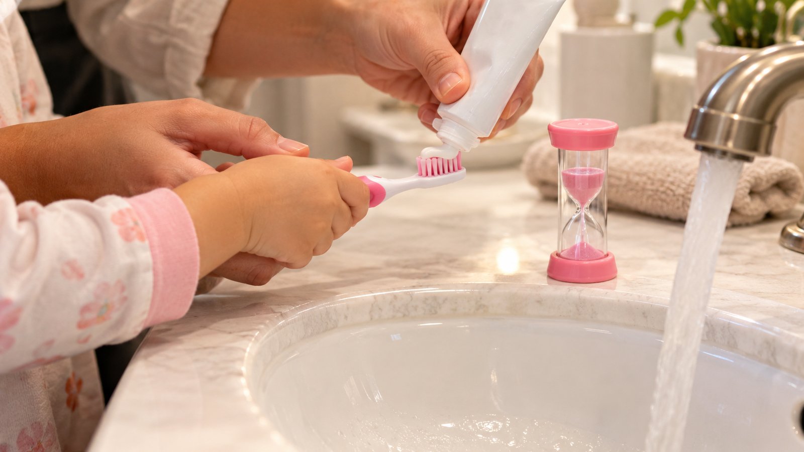 A parent's and a toddler's hands on a toothbrush at the sink with a kids' timer beside them, no faces - Babies: Before and After the First Tooth