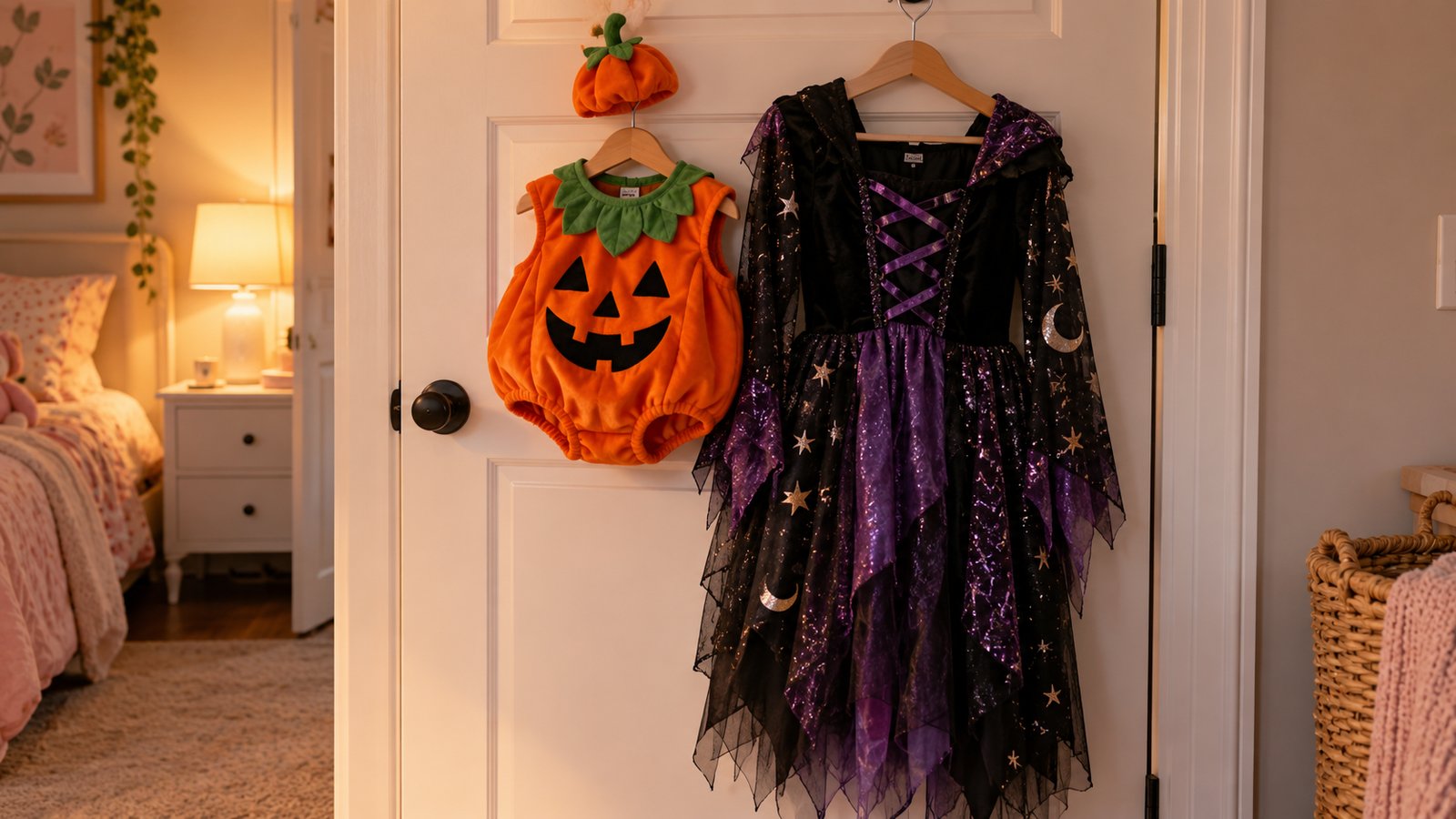 Two costumes hanging on a bedroom door, a small toddler pumpkin outfit and a larger teen costume - Halloween for Different Ages and Needs