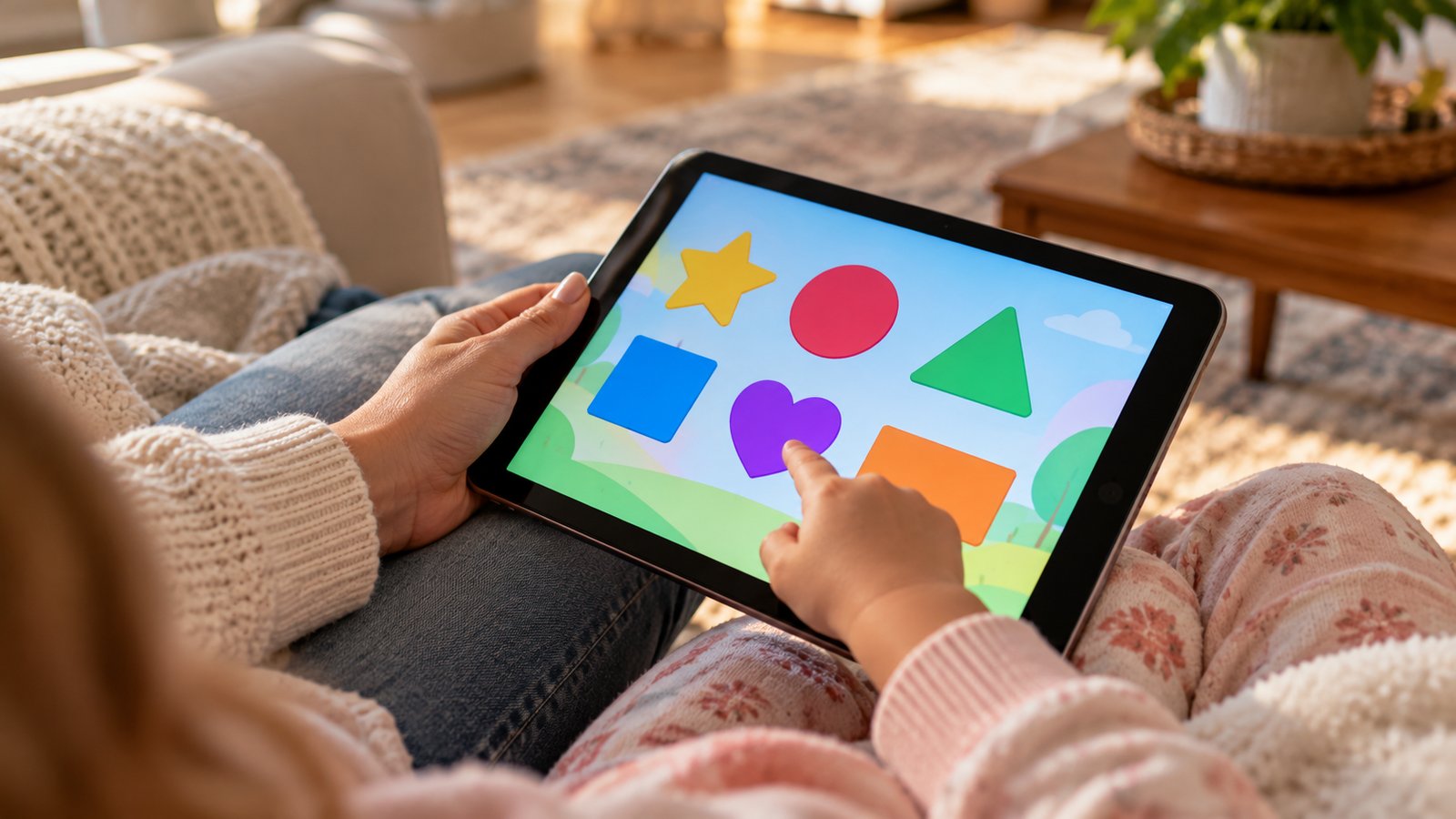 A parent's hand and a small child's hand together holding a tablet showing colorful shapes, no faces visible - What the Experts Recommend, Age by Age