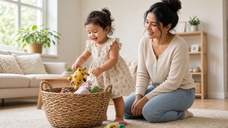 Toddler putting toys into a woven basket while her mom kneels beside her in the living room