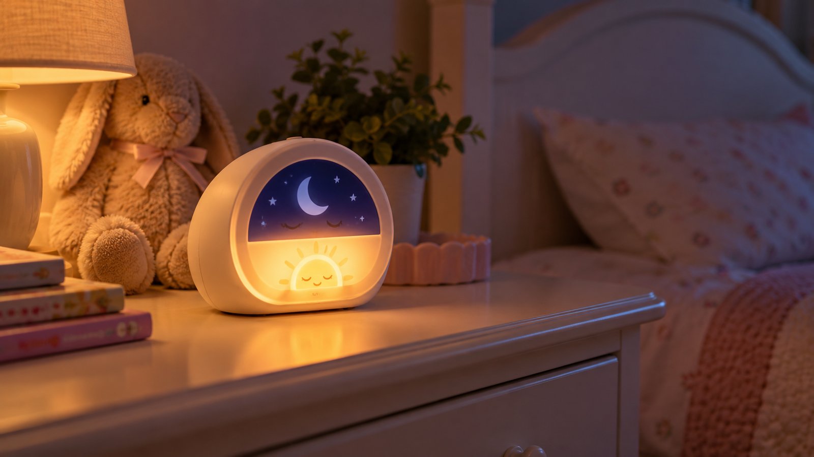 A toddler sleep trainer clock with a soft night light glowing on a bedroom dresser - Early Wake-Ups: What to Do