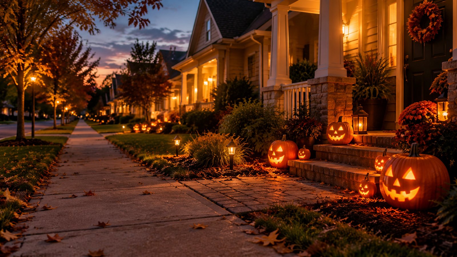 A residential sidewalk at dusk with glowing jack-o-lanterns and porch lights, no people - Plan the Trick-or-Treat Route