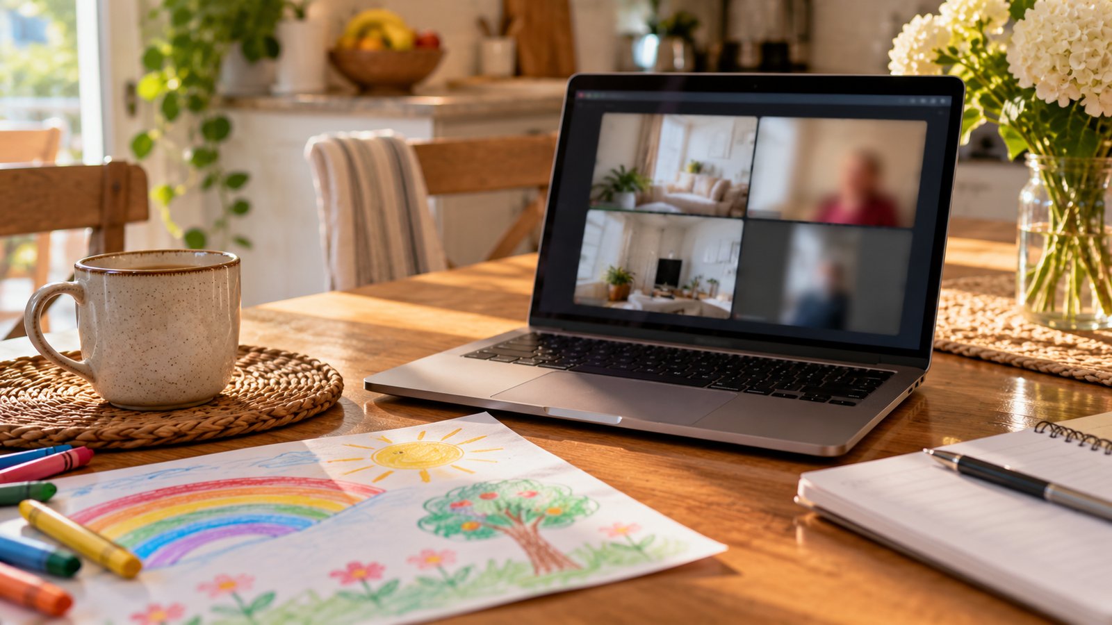 A laptop on a kitchen table with a video call window open, a mug and a child's drawing next to it, no recognizable faces - Why Quality and Context Matter as Much as Minutes