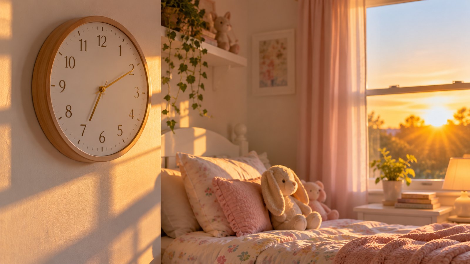 A wall clock in a child's bedroom with a sunrise glow through a window - What Actually Changes When the Clocks Fall Back