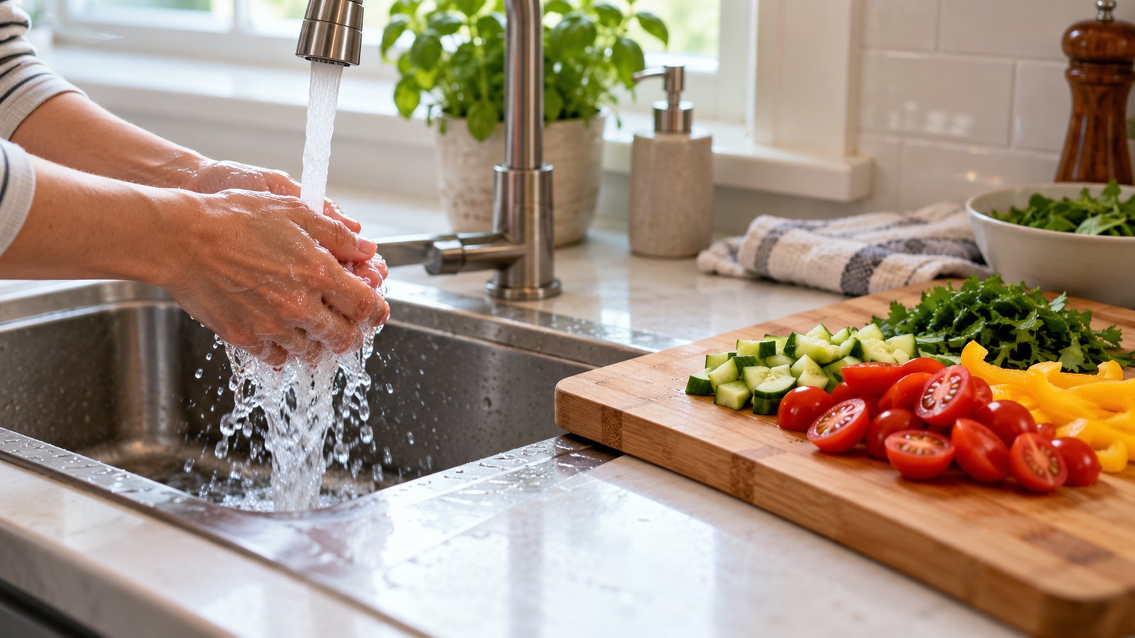 Hands washing under a kitchen faucet next to a clean cutting board with chopped vegetables, no faces - Safe Prep at Home